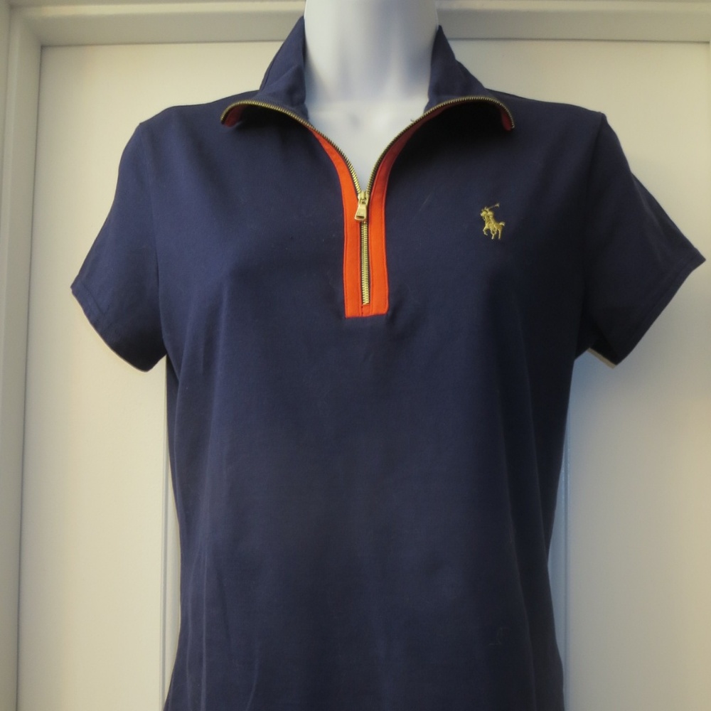 RALPH LAUREN GOLF NAVY BLUE ORANGE GOLD PONY TOP M